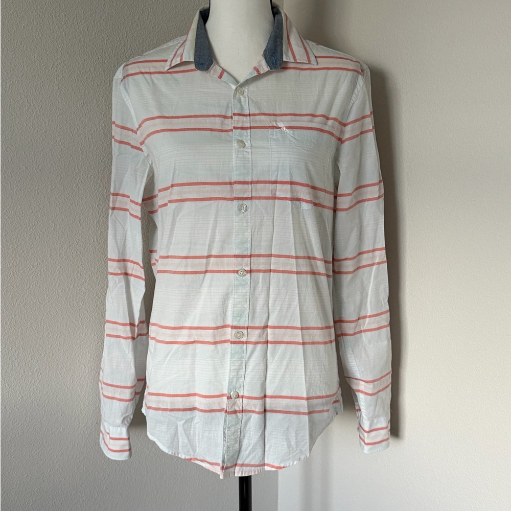 Original Penguin Coral Striped Button Down with Denim Collar